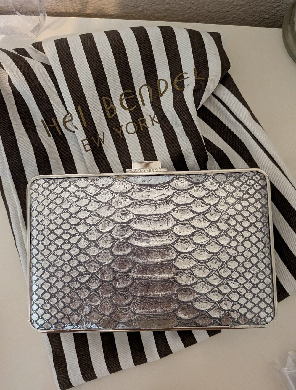 Henri Bendel Leather Lizard Embossed Silver Metallic Clutch Crossbody